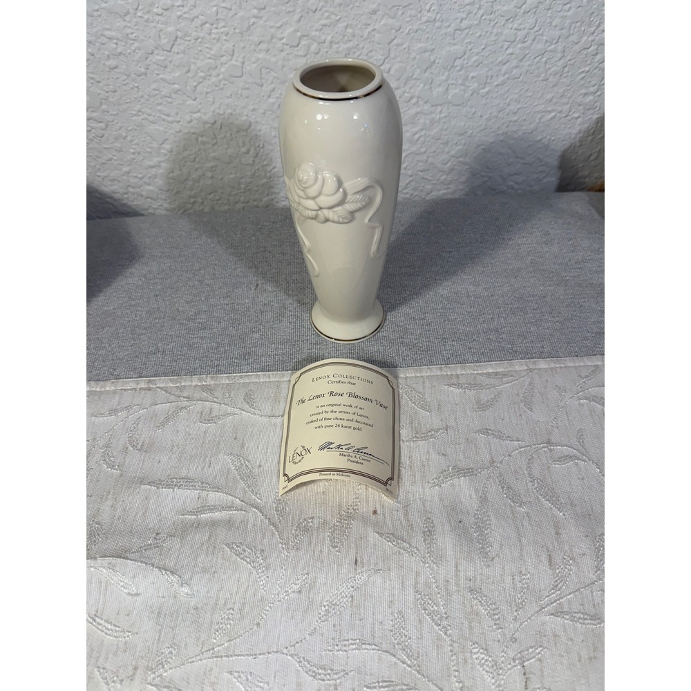 Lenox Rose Blossom Vase Fine Ivory China 24K Gold Trim Embossed Floral 7.5 Inch